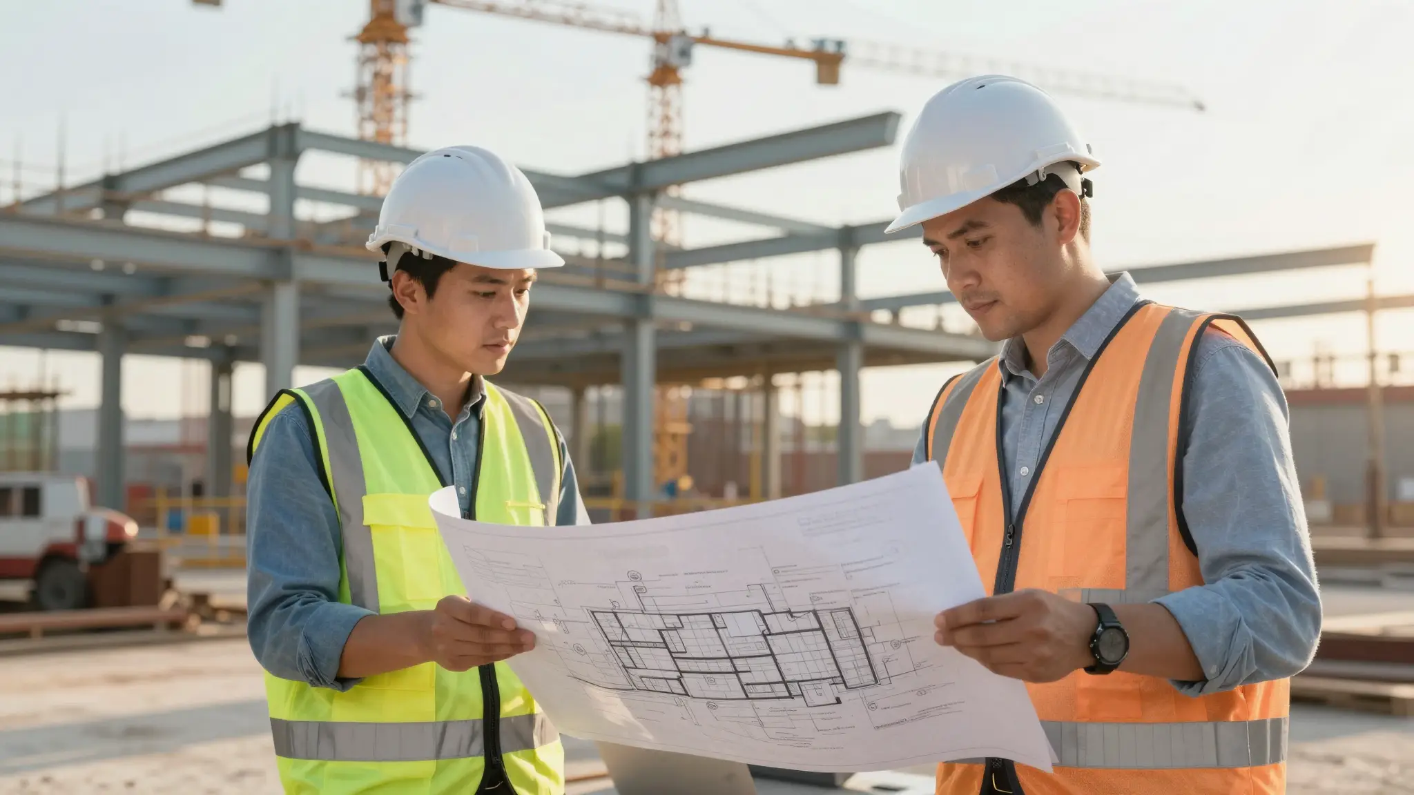 مهندسون يراجعون مخططات هندسية في موقع إنشائي كبير يوضح مجالات الهندسة المدنية والتشييد